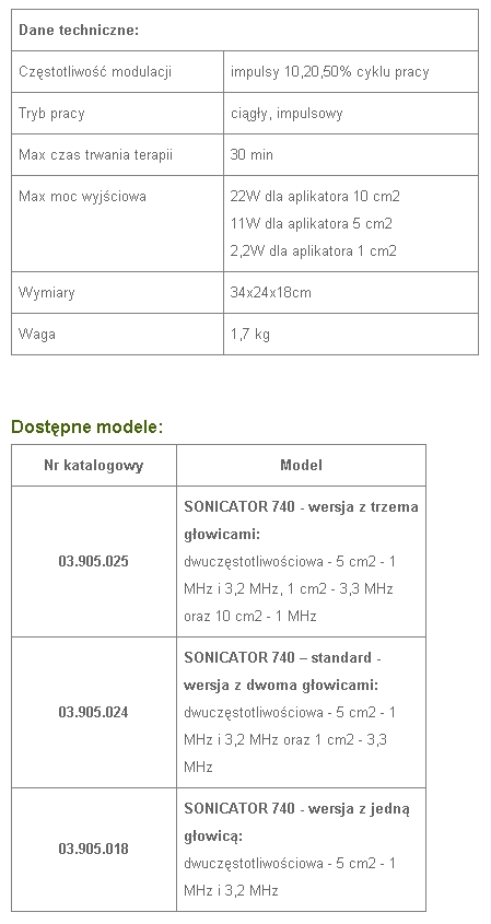 SONICATOR 7402+ trzy głowice 5cm2(1MHz3,2MHz) oraz 1 i 10cm2 tab